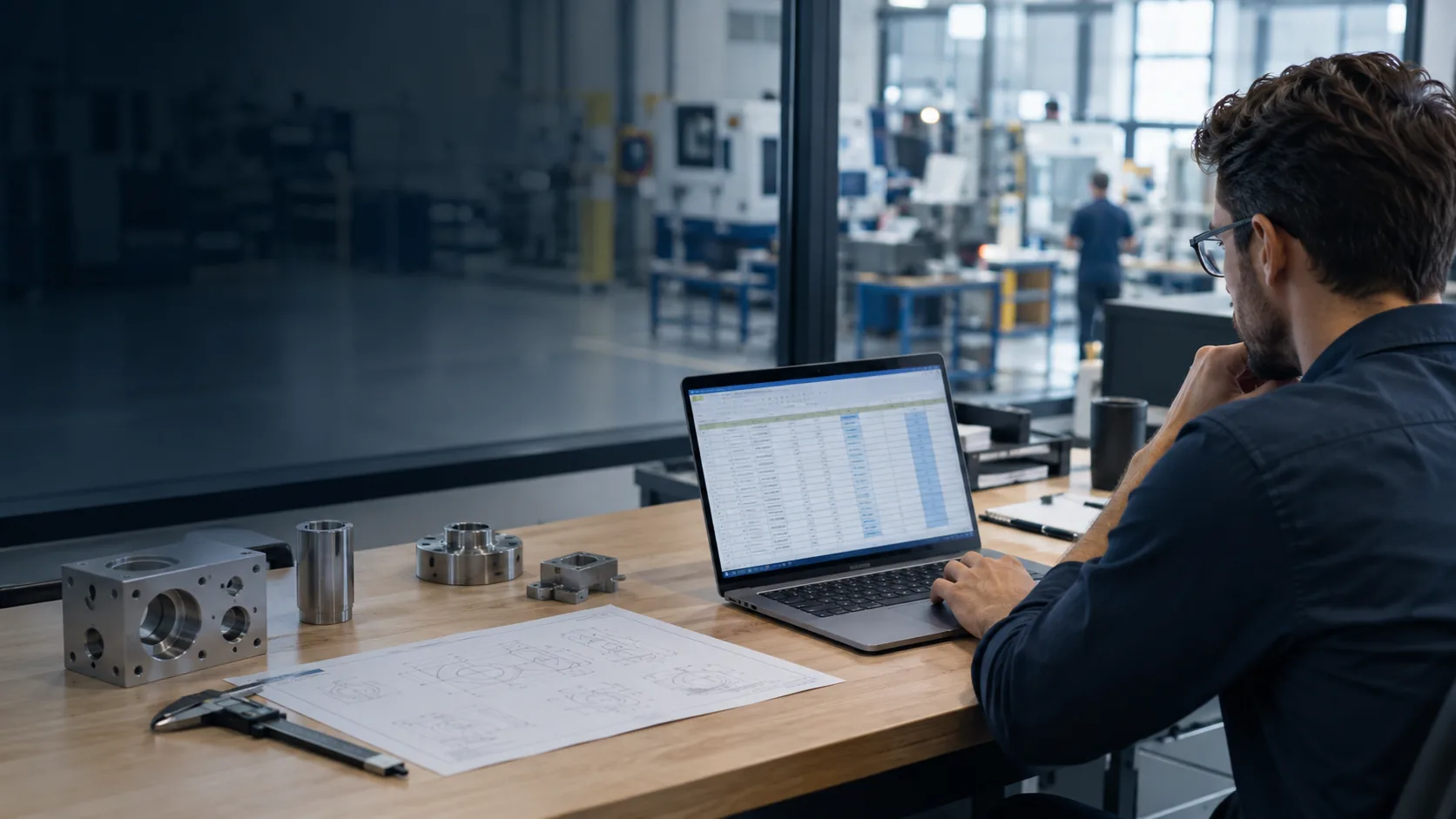 Engineer reviewing a spreadsheet beside manufactured components and a technical drawing