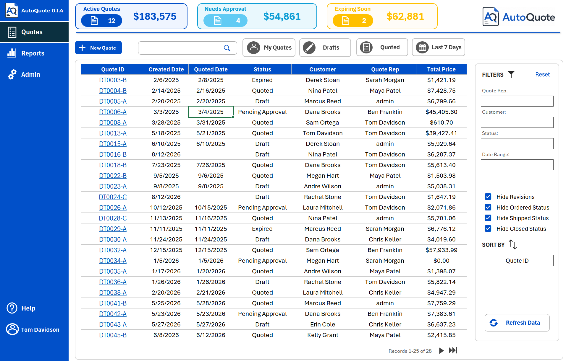 AutoQuote quote dashboard with active quotes, approvals, search, and quote list