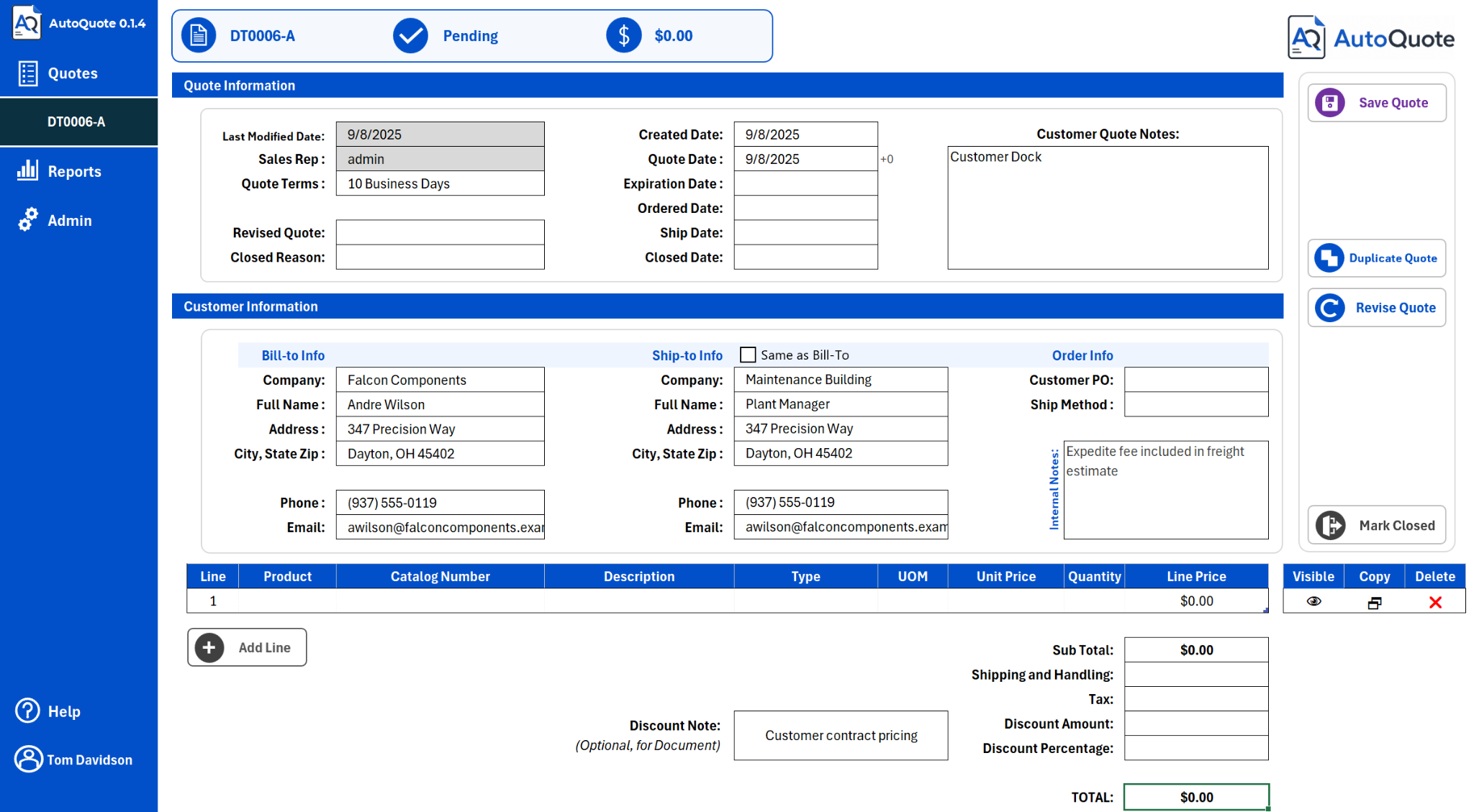 AutoQuote quote detail screen showing customer information, quote lines, and actions